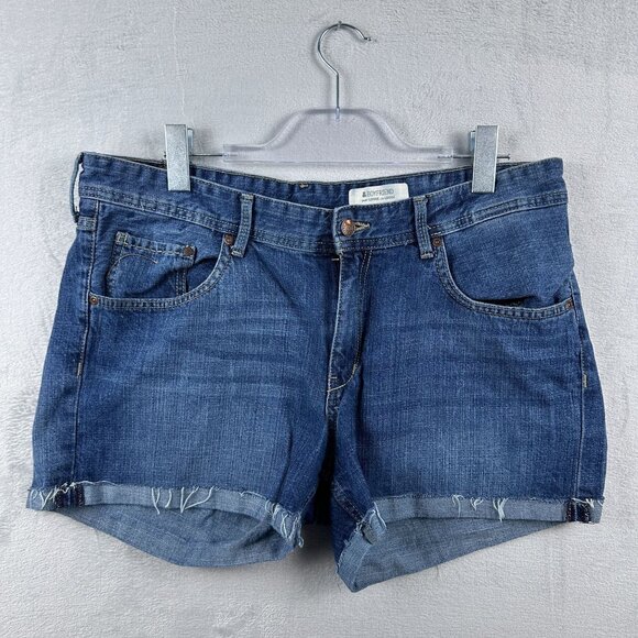 H&M Boyfriend Shorts Waist Loose Denim Stretch Mid Rise Women's Blue Size 12 - Picture 1 of 10